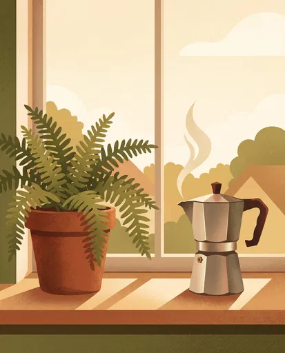 Morning Moka Pot and Fern on Windowsill