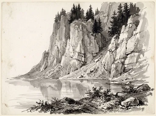 Archival Ink Wash of Alpine Cliff