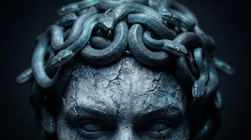 Close-Up of Medusa Stone Brow and Snakes