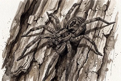 Sepia Watercolor Wolf Spider on Bark