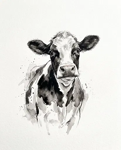 Monochrome Watercolor Holstein Cow Portrait