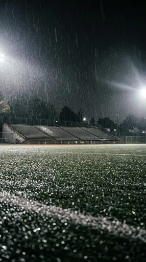 Empty Stadium Bleachers in Night Rain