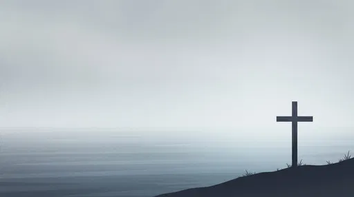 Minimal Wooden Cross Overlooking Calm Misty Sea