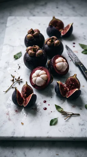 Mangosteens and Black Figs on Marble