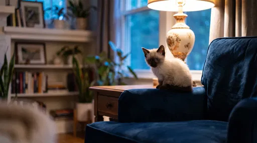 Siamese Kitten on Navy Velvet Armchair