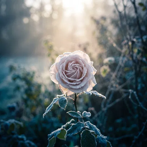 Frost-Kissed Pale Pink Rose in Morning Light