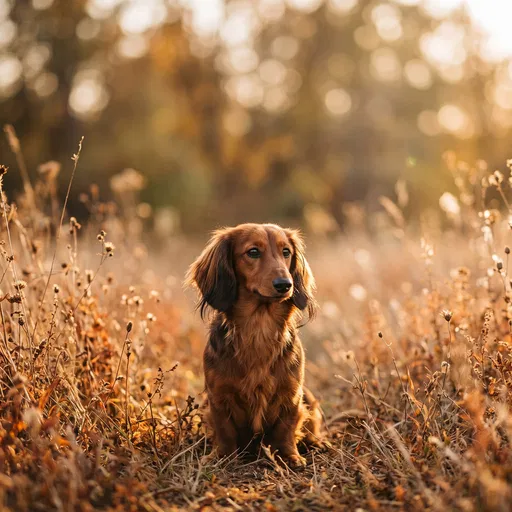 Longhaired Dachshund in Golden Autumn Meadow