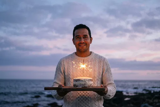 Man Holding Birthday Cake at Dusk Coast