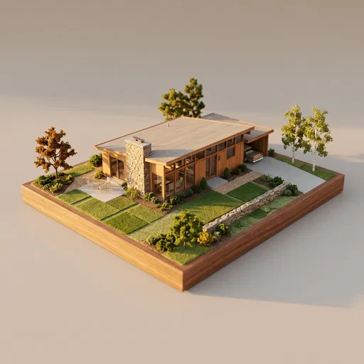 Isometric Mid-Century Ranch House Miniature