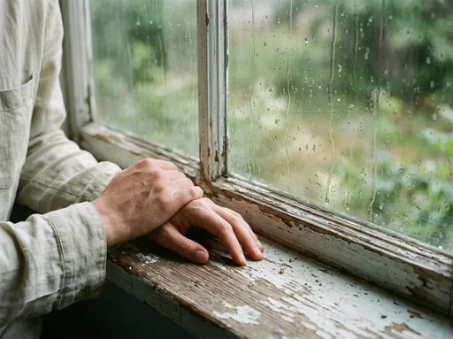 Hands Resting on Rainy Window Sill