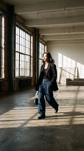 Woman Walking in Sunny Industrial Loft