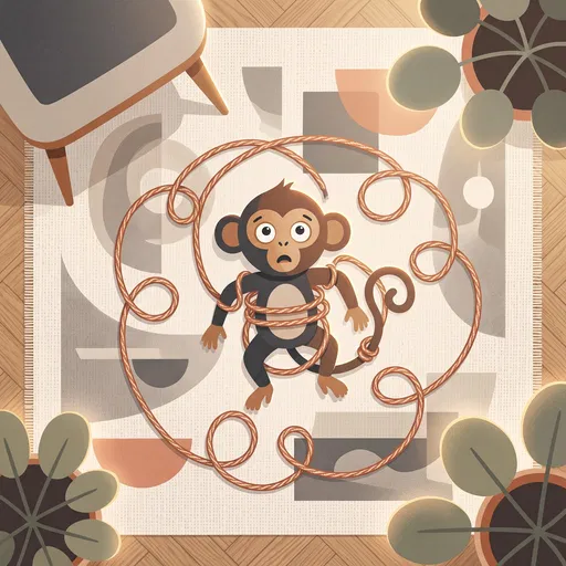 Cartoon Monkey Tangled in Cord on Rug