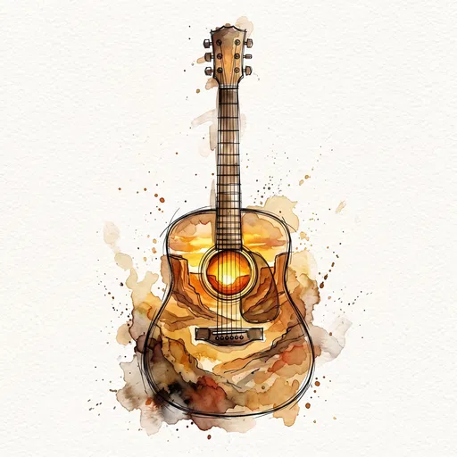 Watercolor Acoustic Guitar with Desert Sunset