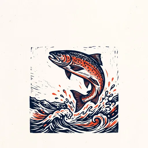 Woodcut Illustration of Leaping Salmon