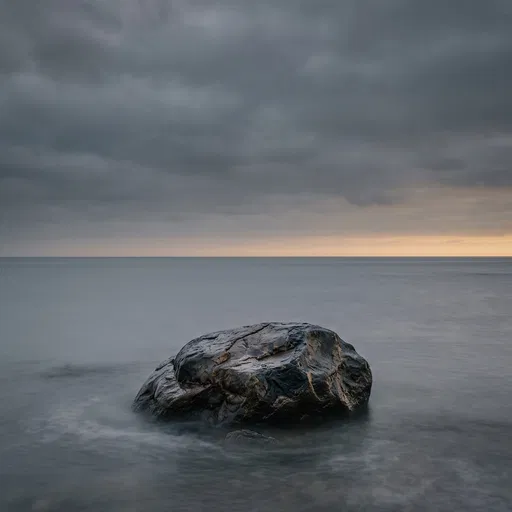 Minimalist Seascape With Dark Wet Boulder