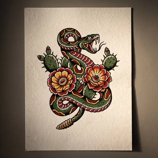 Traditional Tattoo Rattlesnake and Cactus Illustration