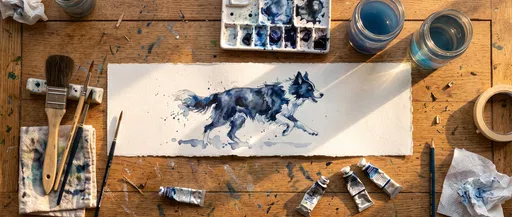 Watercolor Border Collie Painting on Artist Desk