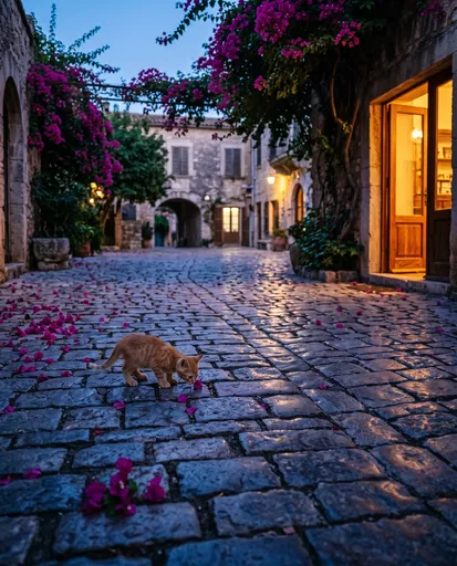 Ginger Kitten in Cobblestone Courtyard at Dusk