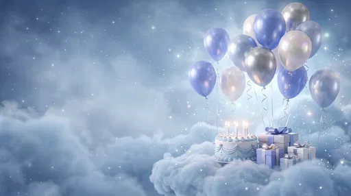 Blue Birthday Cake and Balloons on Clouds