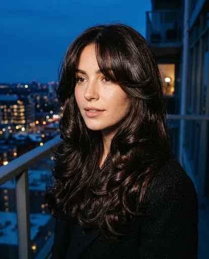 Woman With Layered Dark Hair on Balcony