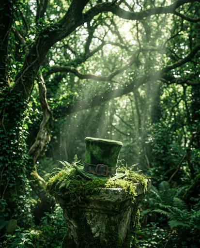 Green Leprechaun Hat on Mossy Forest Pedestal