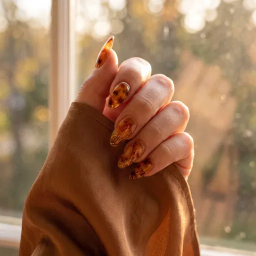 Hand With Amber Tortoiseshell Nail Art