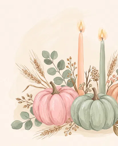 Pastel Pumpkin and Candle Autumn Illustration
