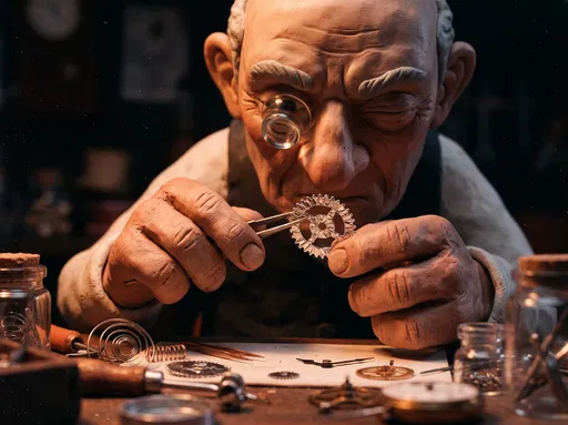 Claymation Watchmaker Inspecting Foil Gear