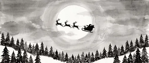 Ink Wash Santa Sleigh Over Moonlit Pines