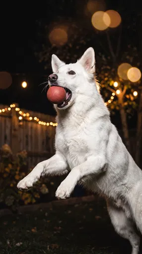White Shepherd Catching Ball at Night