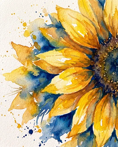 Watercolor Sunflower With Yellow and Blue Washes