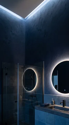 Modern Dark Blue Bathroom With Backlit Mirror