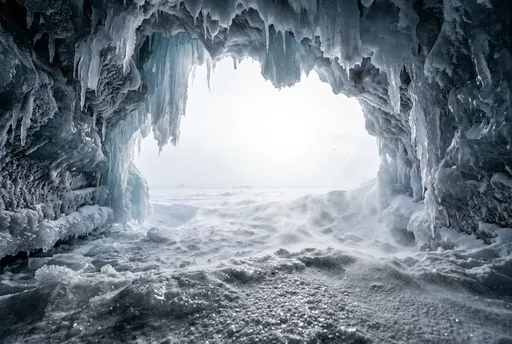 Jagged Ice Cave Opening in Blizzard