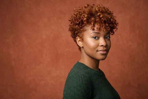 Woman with Copper Curly Pixie Cut
