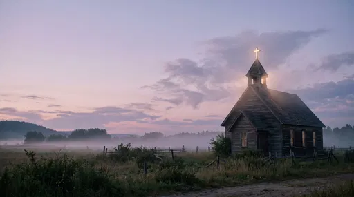 Rustic Wooden Chapel at Misty Twilight
