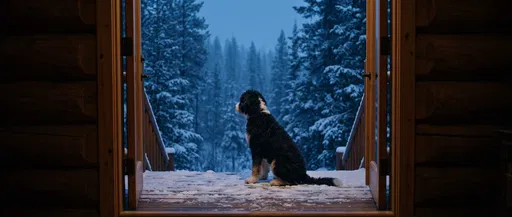 Aussiedoodle on Cabin Porch in Winter
