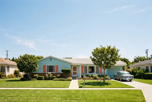 Vintage Pastel Blue Suburban Ranch House