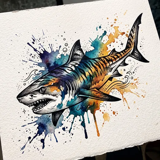 Watercolor Tiger Shark Tattoo Flash Illustration