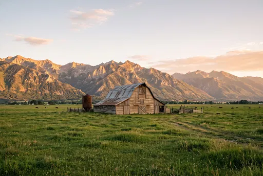 Weathered Barn in Mountain Meadow at Sunset
