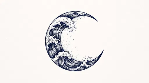 Crescent Moon Ocean Wave Ink Illustration