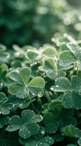 Dewy Green Clover Leaves Macro Background