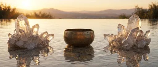 Singing Bowl and Quartz Crystals at Sunset