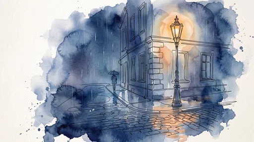 Watercolor and Ink Rainy Night Street