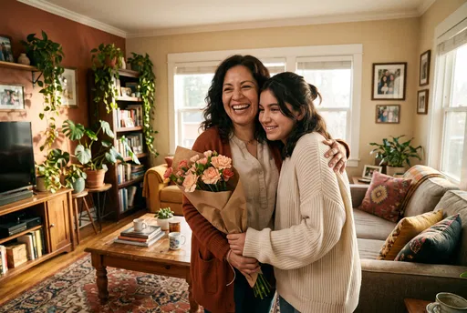 Mother and Daughter Embracing With Carnation Bouquet