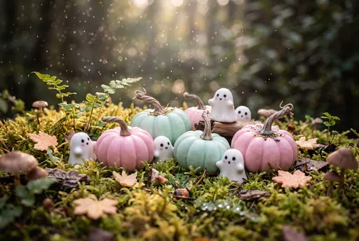 Pastel Pumpkins and Ceramic Ghosts on Moss