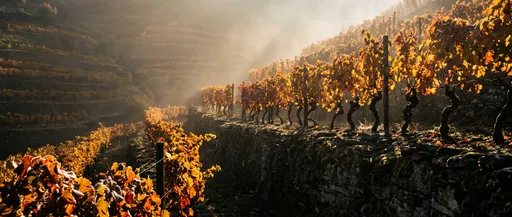 Golden Autumn Terraced Vineyard in Morning Mist