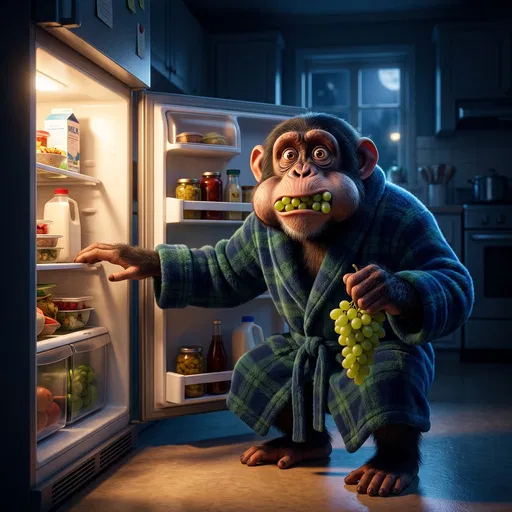 Chimpanzee in Bathrobe Raiding Fridge at Night