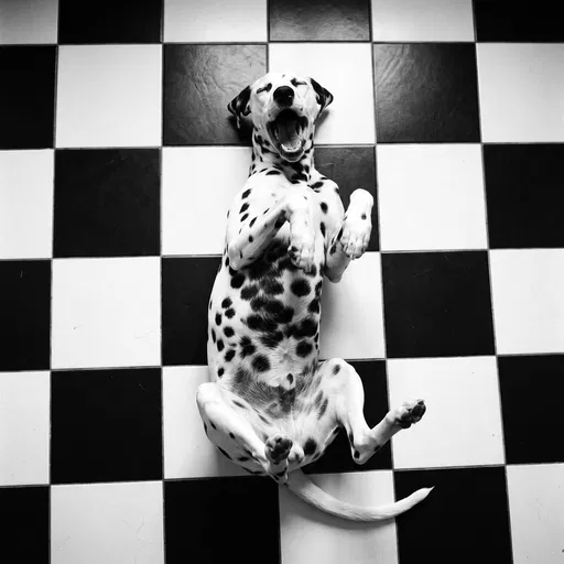 Dalmatian Yawning on Checkered Tile Floor
