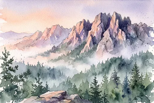 Watercolor Mountain Peaks at Dawn