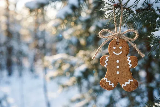 Gingerbread Man Ornament on Snowy Pine